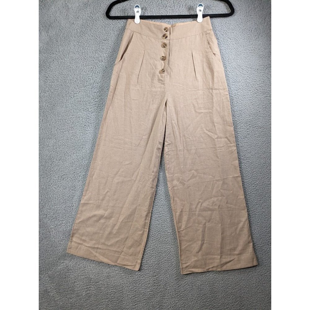Lulus Pants Womens Small Linen Cotton Wide Leg Button Front Trouser Beige